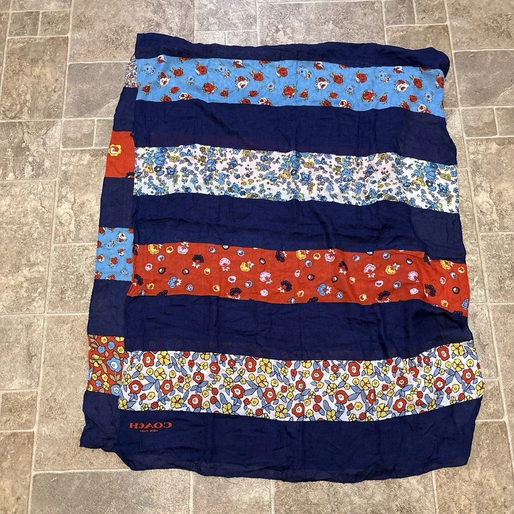 Coach New York Long Floral Patchwork Oversized Scarf Navy Red Boho Americana